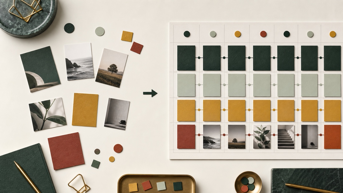 Editorial still life showing disconnected content cards becoming a structured weekly plan