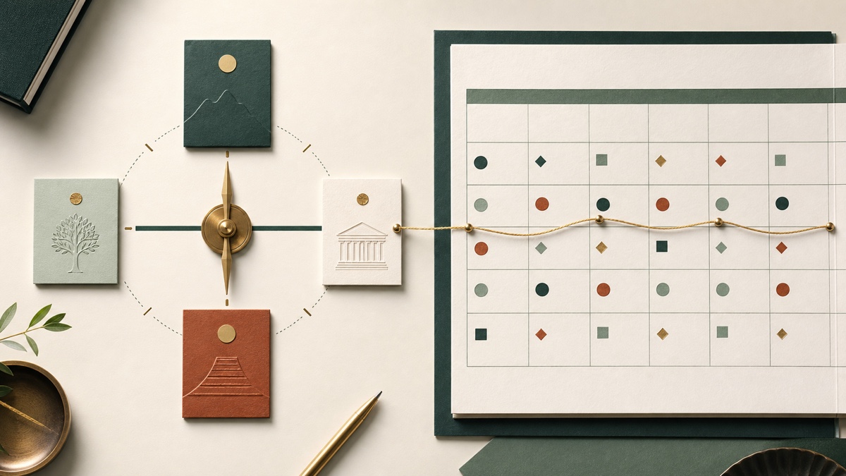 Editorial still life linking strategic direction to a structured content calendar